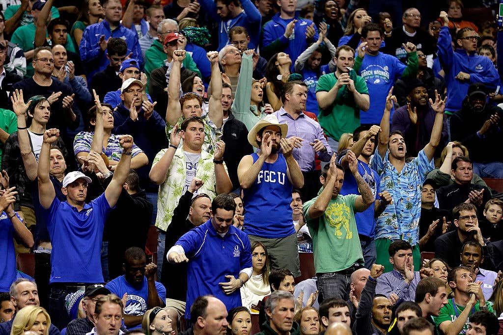 Fans for the Florida Gulf Coast Eagles celebrate against the Georgetown Hoyas during the second round of the 2013 NCAA Men's Basketball Tournament