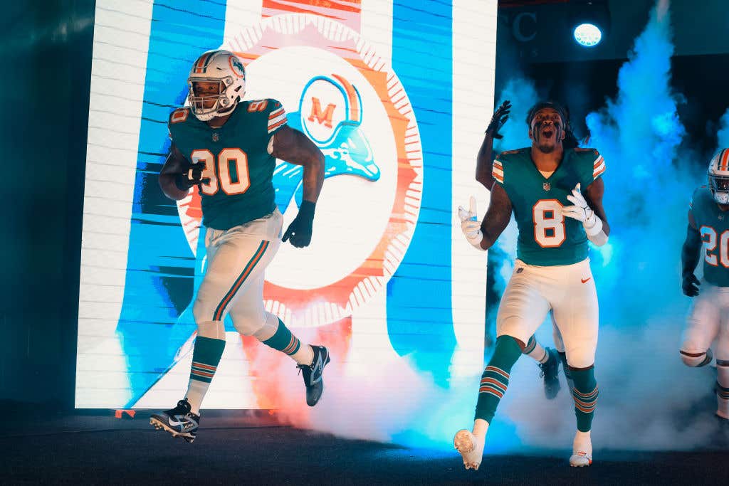 Jevon Holland #8 of the Miami Dolphins takes the field prior to the game against the Buffalo Bills