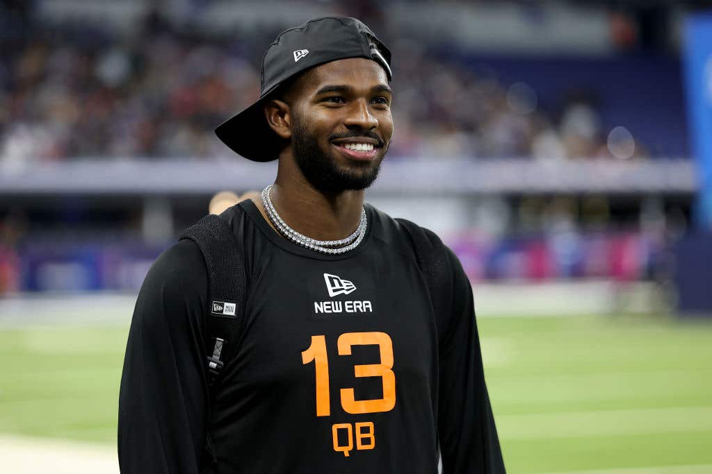 Shedeur Sanders #QB13 of Colorado looks on during the NFL Scouting Combine