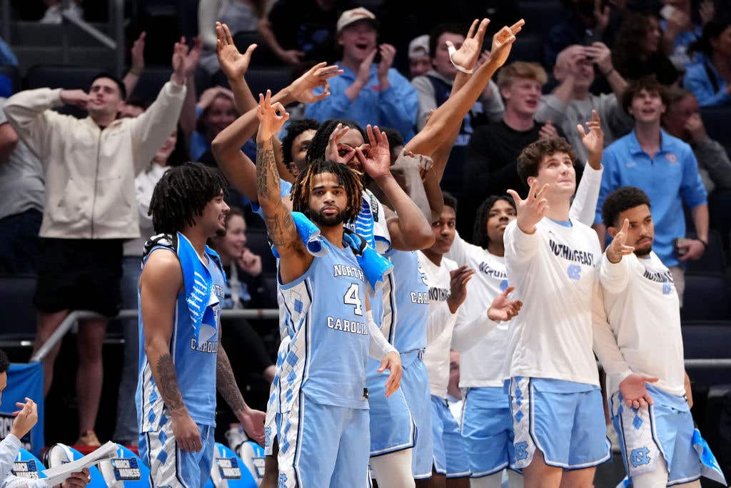 he North Carolina Tar Heels celebrate after a three point shot during the second half in the First Four game of the NCAA Men's Basketball Tournament