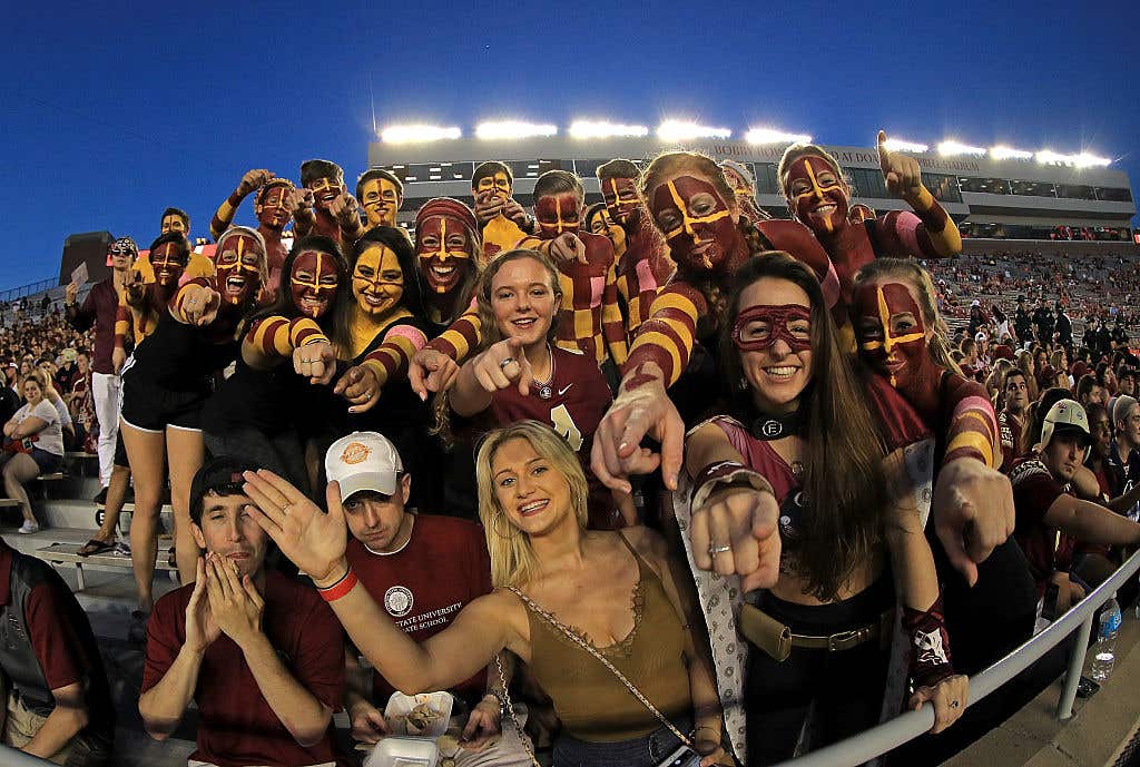 TALLAHASSEE, FL - OCTOBER 29: Florida State Seminoles fans cheer during a game against the Clemson Tigers at Doak Campbell Stadium on October 29, 2016 in Tallahassee, Florida.