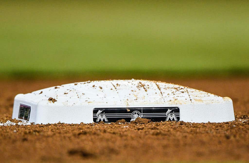 3000th hit bases in honor of Ichiro Suzuki #51 of the Miami Marlins during the game