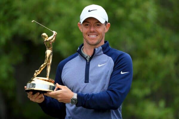 Rory McIlroy of Northern Ireland poses with the trophy after winning The PLAYERS Championship at the TPC Stadium course on March 17, 2019 in Ponte Vedra Beach, Florida.