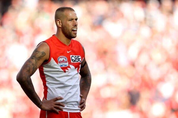 Lance Franklin of the Swans wearing his red and white uniform during the 2022 AFL Grand Final