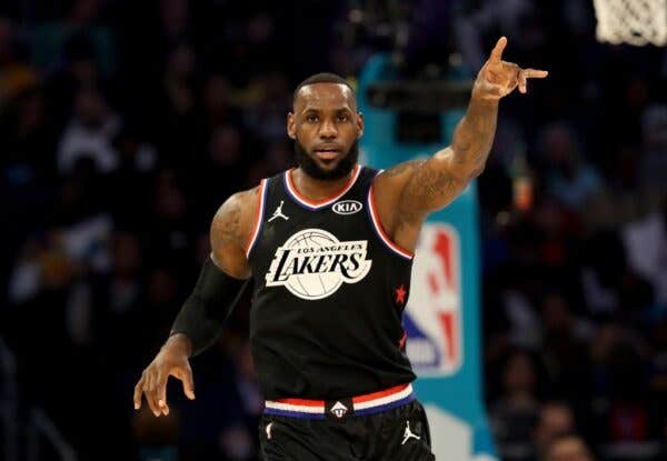 LeBron James wearing his black Lakers jersey during the 2019 NBA All-Star Game