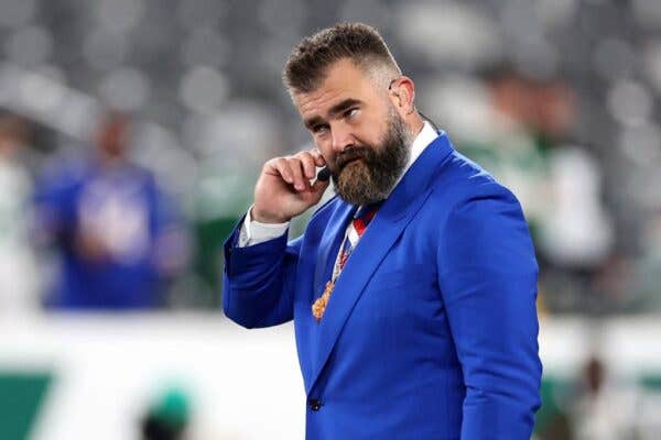 EAST RUTHERFORD, NEW JERSEY - OCTOBER 14: Jason Kelce looks on before the game between the New York Jets and the Buffalo Bills at MetLife Stadium on October 14, 2024 in East Rutherford, New Jersey.