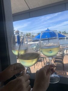 Three white wine glasses raised in a toast celebrating white wine in Southwest Florida
