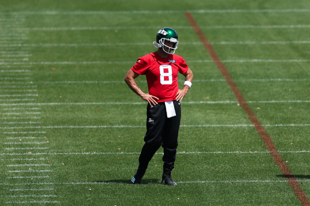 Aaron Rodgers #8 of the New York Jets looks on during New York Jets Workouts at Atlantic Health Jets Training Center in Florham Park, New Jersey.