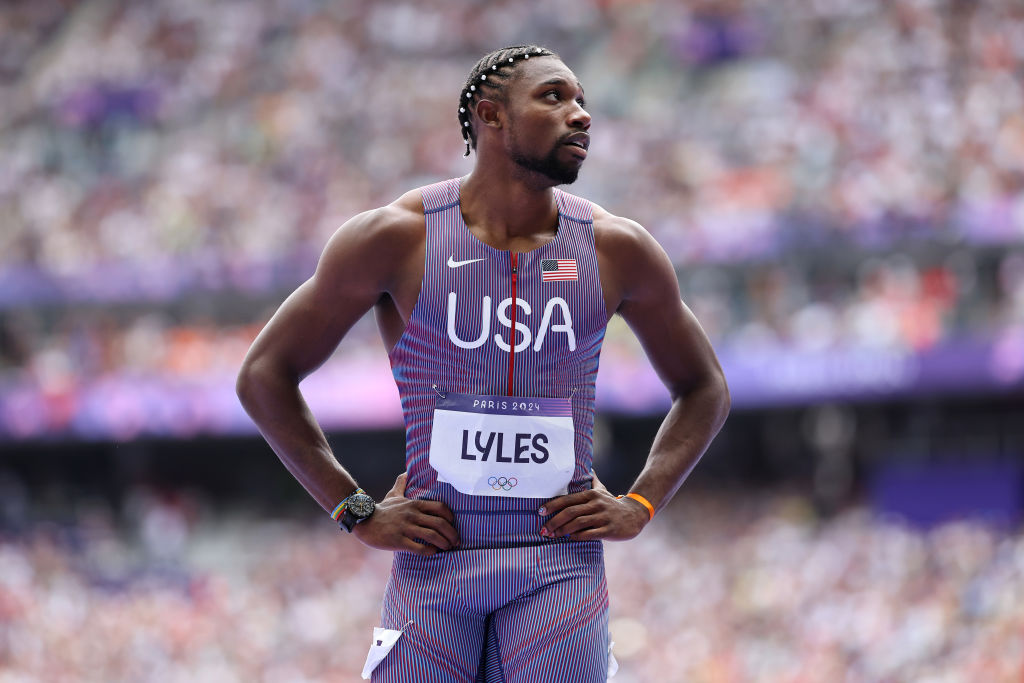 OLYMPICS USE INSTANT REPLAY NOW   Noah Lyles of Team United States competes on during the Men's 100m Round 1 on day eight of the Olympic Games Paris 2024 at Stade de France on August 03, 2024 in Paris, France.